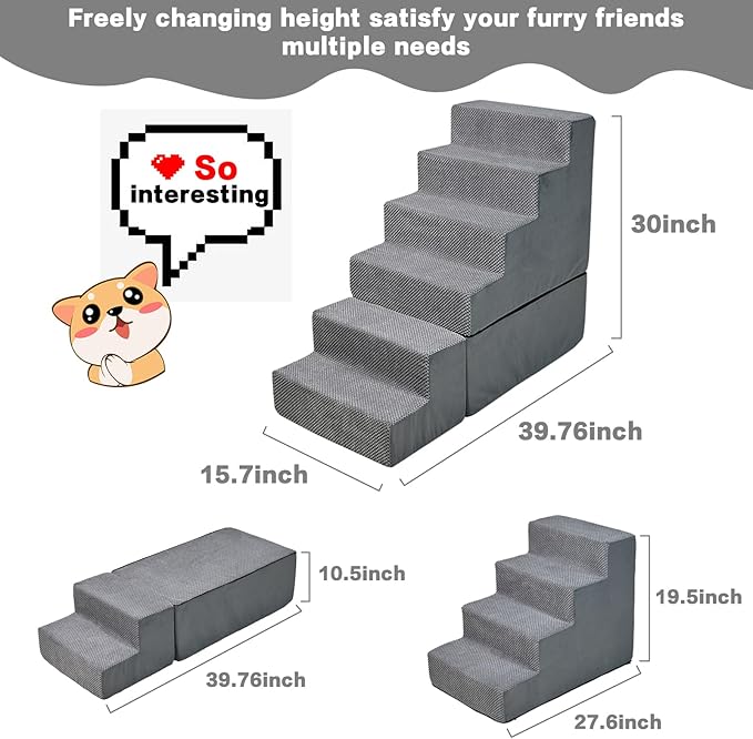 MALOROY Dog Steps for High Beds 30-32" H, 6-Step Dog Stairs for Small Dogs, 33D Foam Pet Steps for High Bed Climbing, Non-Slip Balanced Pet Stair Ramps for Bed Indoor, Grey