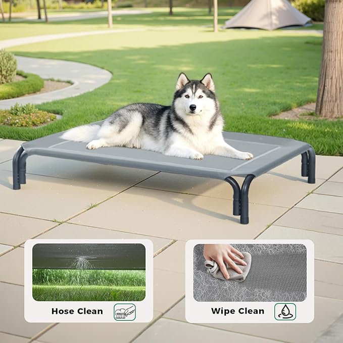 Elevated Dog Bed Raised Outdoor Dog Cot for Medium Dogs, Installation Requires No Tools, Frame with Washable Cooling Breathable Mesh Anti-Slip Feet, Indoor Pet Bed, Grey, 35.4 Inches