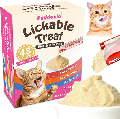 Puddonio High-Meat Lickable Cat Treats, Grain & Gum Free, No Additives, All-Natural High Protein Puree, 0.5oz Tubes (Pack of 48)