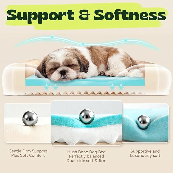 hush bone 28 Inch Orthopedic Dog Couch Bed for Medium Dogs Up to 30 lbs,Cooling Gel Memory Foam + Egg Crate Foam,Waterproof Removable Washable Cover,4-Sided Bolster,Non-Slip Bottom,Beige