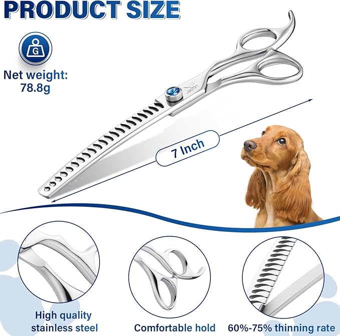 JASON 7" Curved Chunker - Ergonomic Dog Grooming Scissors - Silver - 440C Stainless Steel - Professional Dog Shears For Groomer (21-Teeth) Christmas Gift