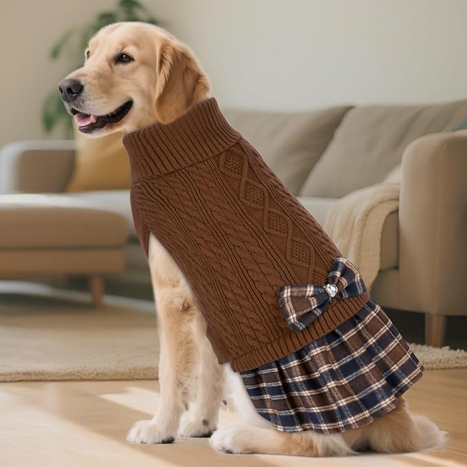 KYEESE Dog Sweater Pullover Dog Sweaters for Large Dogs Soft Turtleneck Pet Sweater Dress with Bowtie Stretchy Knitwear Pets Sweaters Thick Dogs Clothes Warm Comfy Pet Coats, Brown, XXX-Large