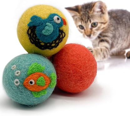 Hustle & Blush Love Ewe Felted Cat Toys 3 Pack - 2 Inch Fish & Bird Hand Made Cute & Fun Design Kitten Wool Felt Balls for Indoor Play & Exercise - 100% New Zealand Handmade Felted Balls