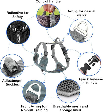 Plutus Pet No Pull Dog Harness, Reflective Adjustable Dog Vest Harness with Handle, Escape Proof, Soft Padded for Small Medium Large Dogs (Gray, L)