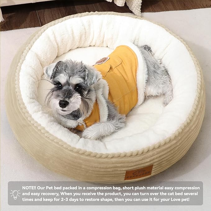 Zerbuger Cat Bed, 23In Dog Beds for Small Dogs, Calming Cat & Dog Beds for Indoor Pets, Pet Beds Comfortable Donut Round Ultra Soft (Camel, 23" L x 23" W x 6.5" Th)
