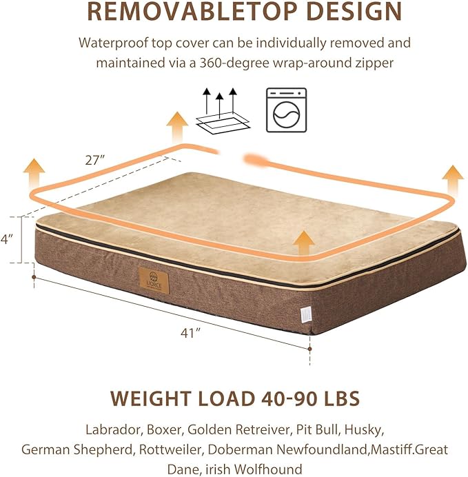 LIORCE Memory Foam XL Dog Bed - 4” Thick Orthopedic Beds for Extra Large Dogs - Waterproof Dog Bed with Removable Washable Cover & Wrap-Around Zipper - Ultimate Comfort and Easy Maintenance