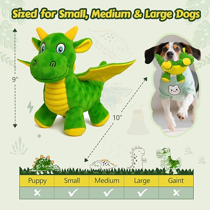 BBeary Squeaky Dog Toys - Soft Plush Dragon Dog Toy with 5 Squeakers & Crinkle Paper, Dog Toys for Small, Medium and Large Dogs to Keep Them Busy (Green,10")