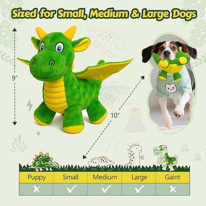 BBeary Squeaky Dog Toys - Soft Plush Dragon Dog Toy with 5 Squeakers & Crinkle Paper, Dog Toys for Small, Medium and Large Dogs to Keep Them Busy (Green,10")