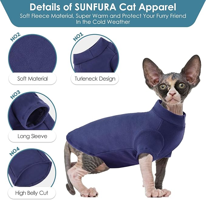 SUNFURA Turtleneck Sweater for Cat, Sphynx Cats Shirt Hairless Cat Sweaters with Sleeves, Warm and Soft Kitten Pullover Fleece Winter Pajamas Jumpsuit for Puppy Cats, Navy S