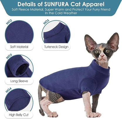 SUNFURA Turtleneck Sweater for Cat, Sphynx Cats Shirt Hairless Cat Sweaters with Sleeves, Warm and Soft Kitten Pullover Fleece Winter Pajamas Jumpsuit for Puppy Cats, Navy S