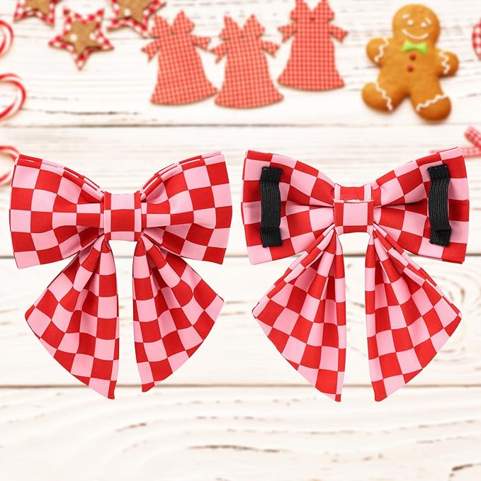 Red and Pink Plaid Dog Collarwith Bow Tie– Adjustable Red & Pink Checkered Dog Collar for Small Medium Large Dogs, Soft Xmas Plaid Puppy Collars with Quick Release Buckle M