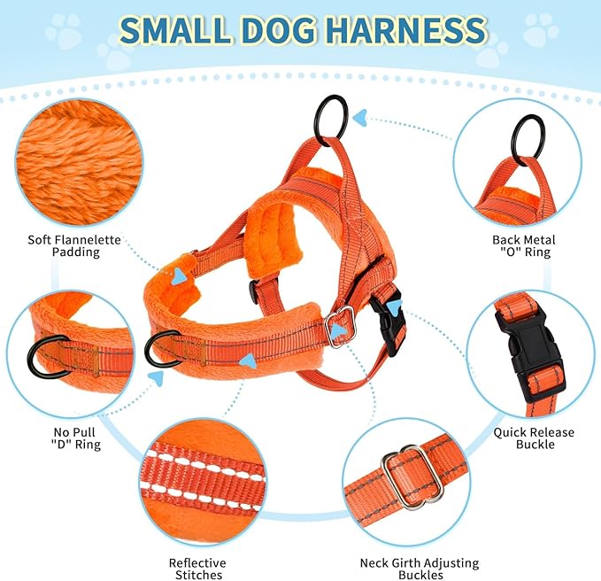 Lukovee No Pull Dog Harness and Leash Set, Soft Padded Small Dog Harness, Neck & Chest Adjustable Reflective Vest Puppy Harness with 4ft Lightweight Anti-Twist Dog Leash for Small Dogs (Orange, XS)