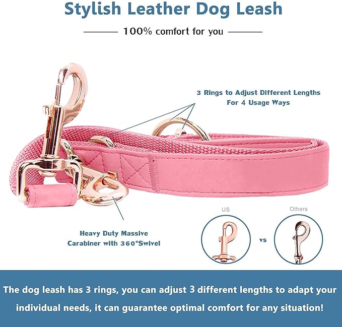 Soft Leather Dog Collar and Leash (6.6') Set - Stylish Rose Gold Heavy Duty Metal Buckle, 4 Adjustable Lengths Leash for Small Medium Large Dogs - Comfortable & Easy to Clean Dark Pink M(13.8"-19.7")