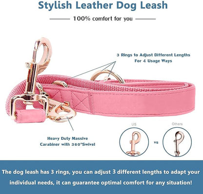 Soft Leather Dog Collar and Leash (6.6') Set - Stylish Rose Gold Heavy Duty Metal Buckle, 4 Adjustable Lengths Leash for Small Medium Large Dogs - Comfortable & Easy to Clean Dark Pink L(15.4"-24.8")