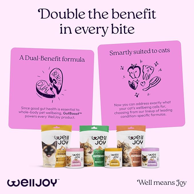 New! WellJoy Cat Supplement Calming+ GutBoost | Cat Health Supplement | Promotes Relaxation & Calmness | Dual-Benefit GutBoost Formulation | Vet Formulated | USA Made | Chicken Flavor | 90 Soft Chews
