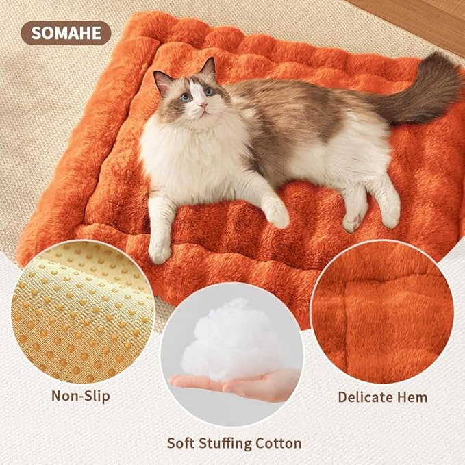 SOMAHE Self-Warming Cat Bed, Plush Faux Fur Pet Bed Mat with Anti-Slip Bottom, Ultra Soft Heated Pad for Cats & Kittens, Cozy Fluffy Bed for Window & Sills Couches, Machine Washable, 23x15 Inch Orange