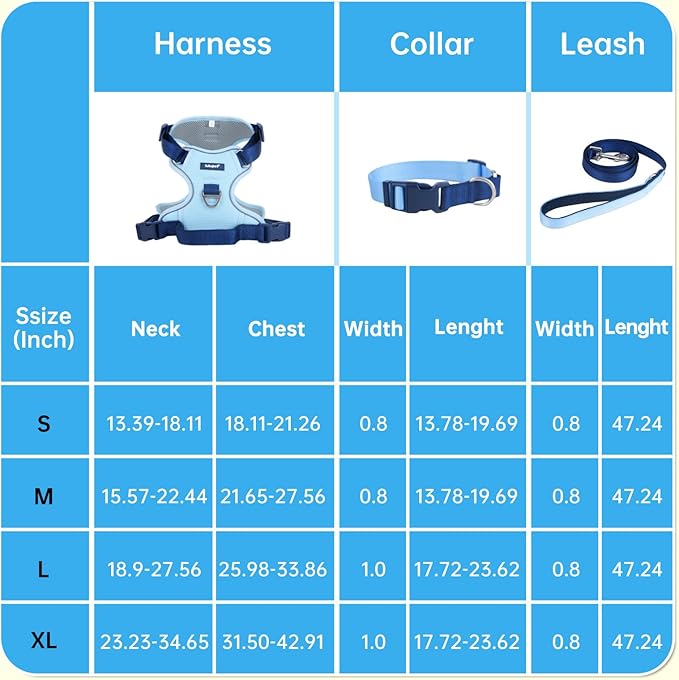 No Pull Dog Harness Leash and Collar Set, Soft Adjustable Dogs Vest Reflective and Comfortable Handle Blue Medium