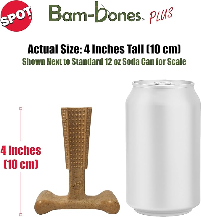 SPOT Bam-Bones Plus T-Bone, Bamboo Fiber & Nylon Dog Chew, Durable for Aggressive Chewers, Non-Splintering, for Adult Dogs & Teething Puppies Under 30lbs, 4in, Chicken Flavor