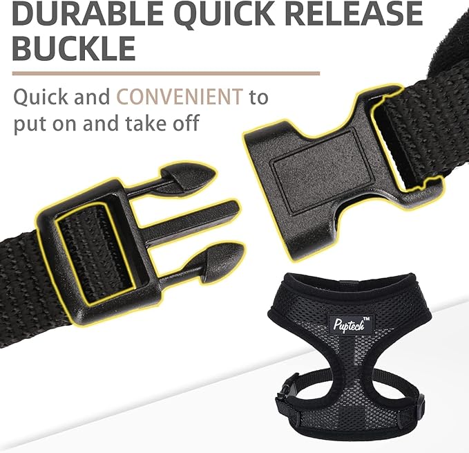 PUPTECK Soft Mesh Dog Harness and Leash Set Pet Puppy Cat Comfort Padded Vest No Pull Harnesses, Solid Black, L