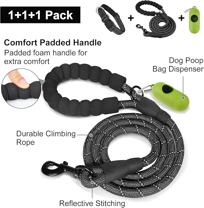 Dynmeow Reflective Dog Collar and Leash Set, 6FT Strong Climbing Rope Leash with Padded Handle, Adjustable Pet Collar with Soft Neoprene Padding for Large Dogs, Black, L