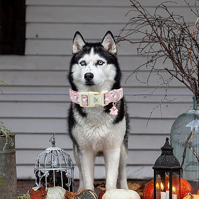 Elegant little tail Halloween Dog Collar, Ghosts Print Pink Halloween Pet Collars Cotton Soft Sturdy Puppy Collars Holiday Female Adjustable Collar for Small Dogs