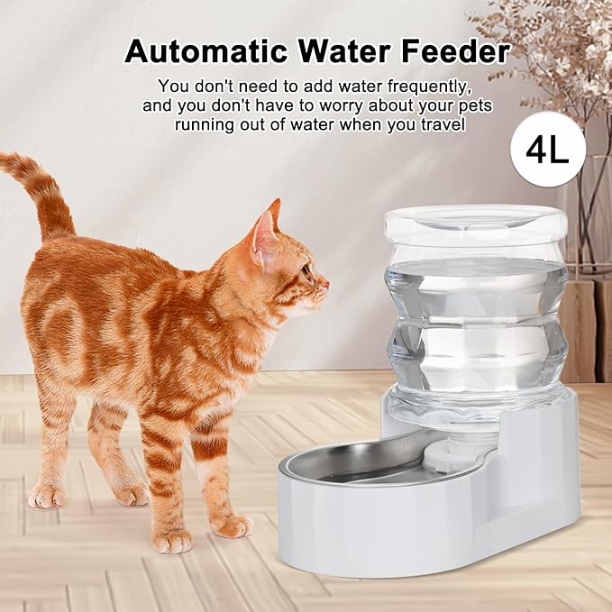 RIZZARI Pet Water Bowl Dispenser: 4L Large Capacity Automatic Stainless Steel Gravity Feeder - Easy Clean -No Power Needed - with Triple Filter - for Kittens & Puppies - Pet Corner - Living Room Nook