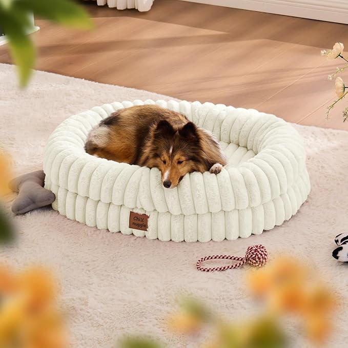 Dog Bed Medium Sized Dog - Luxury Striped Faux Fur Waterproof Pet Couch with Removable Washable Cover, Orthopedic Pet Bed with Bolster Sides for Sleeping, Cream