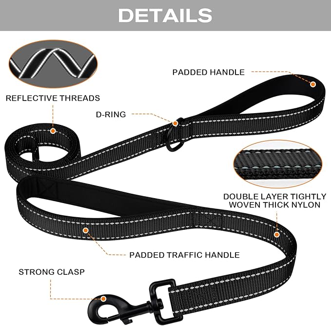 Joytale Dog Leash Heavy Duty for Large Dogs That Pull, Double Handle for Traffic Control, Double-Sided Reflective Leashes for Large Medium Dogs Night Safety, 5FT, Black