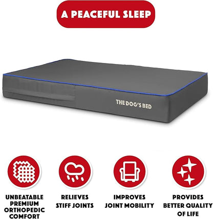 The Dog’s Bed Orthopedic Memory Foam Dog Bed, XL Grey/Blue 46x28, Pain Relief for Arthritis, Hip & Elbow Dysplasia, Post Surgery, Lameness, Supportive, Calming, Waterproof Washable Cover