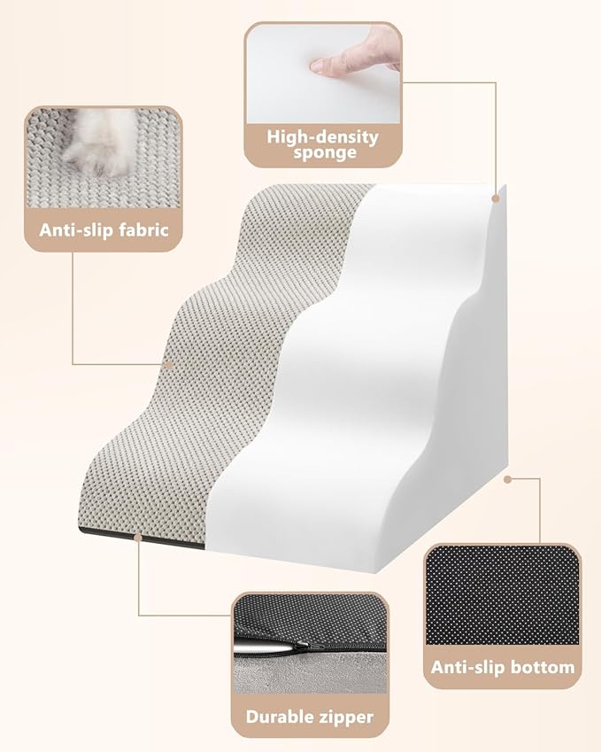 Aodisman Dog Stairs for Small Dogs,3 Step Dog Ramp for Couch and Bed,Pet Stairs with Non-Slip Bottom for Old Cats,Indoor Pet Steps,Comfort,Durable,15.4" H,Light Grey