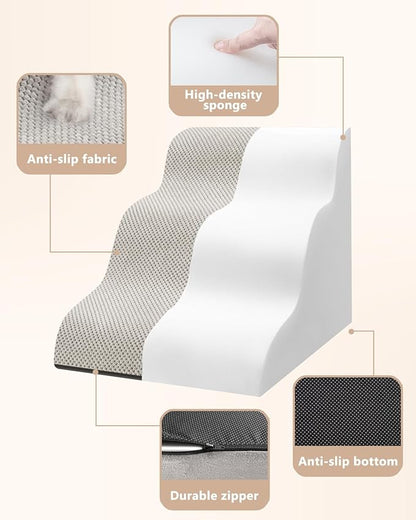 Aodisman Dog Stairs for Small Dogs,3 Step Dog Ramp for Couch and Bed,Pet Stairs with Non-Slip Bottom for Old Cats,Indoor Pet Steps,Comfort,Durable,15.4" H,Light Grey