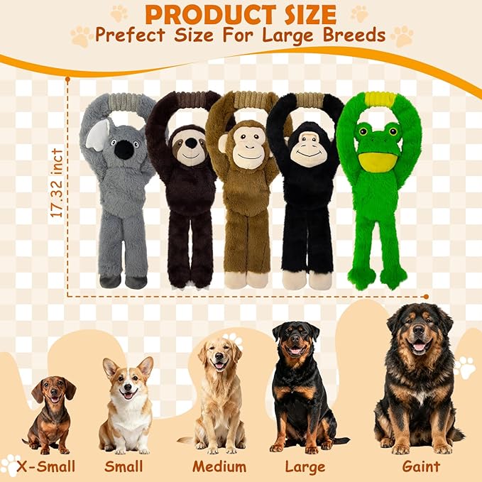 Chongqile No Stuffing 5-Pack Dog Toys, Squeaky Plush with Crinkle to Keep Them Busy, Pull-tab Toys for Tug of War, Animal Shaped Dog Toys for Large, Medium and Small Dogs.
