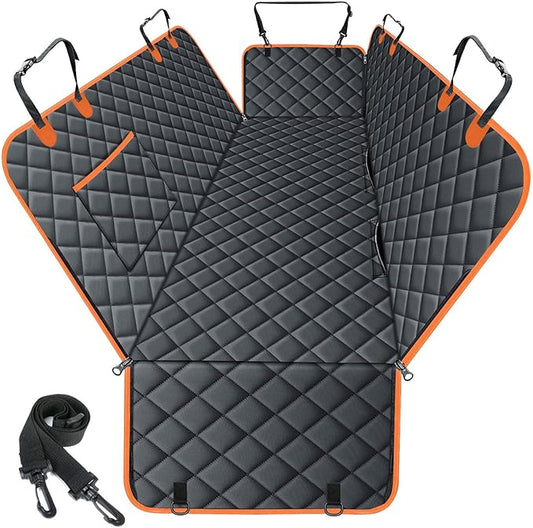 NECKORY Waterproof Dog Car Seat Cover for Back Seat - Durable, Scratch Proof Pet Hammock with Nonslip Design & Storage Pockets, Fits Cars, SUVs, Trucks- S, Black/Orange
