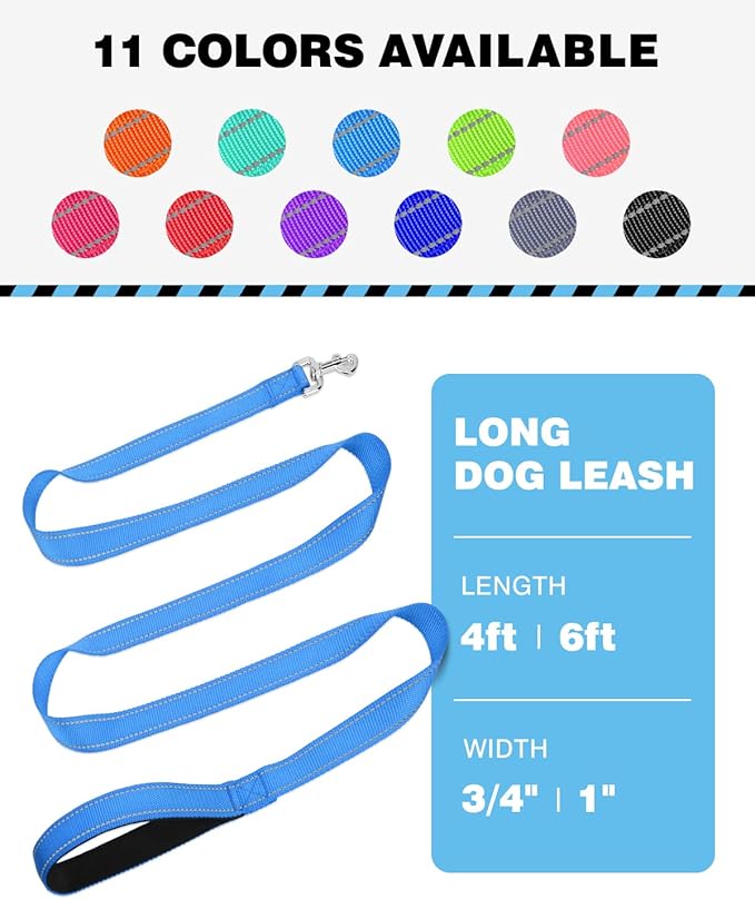 4FT Reflective Nylon Dog Leash with Soft Padded Handle for Walking, Running and Training, Supports Small Medium and Large Dogs (Auqa Blue, 3/4 Inch Wide)