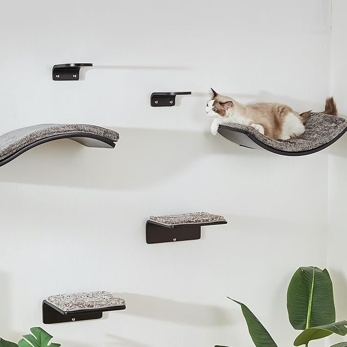 LIORCE Cat Shelf with Comfortable Cushion - Curved Modern Cat Bed (Large Size) - Lotus Leaf Design Cats Wall Perch - Wall Mounted Cats Furniture for Sleeping, Playing, Climbing, and Lounging, Walnut