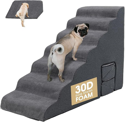 MALOROY Dog Stairs for High Beds 30-36 inches Tall, 7-Step Pet Stairs/Steps for Small Large Dogs, 30D Foam Pet Steps/Ramp/Ladder for High Bedsides, with 4pcs Dog Ramp for Stairs, Dark Grey