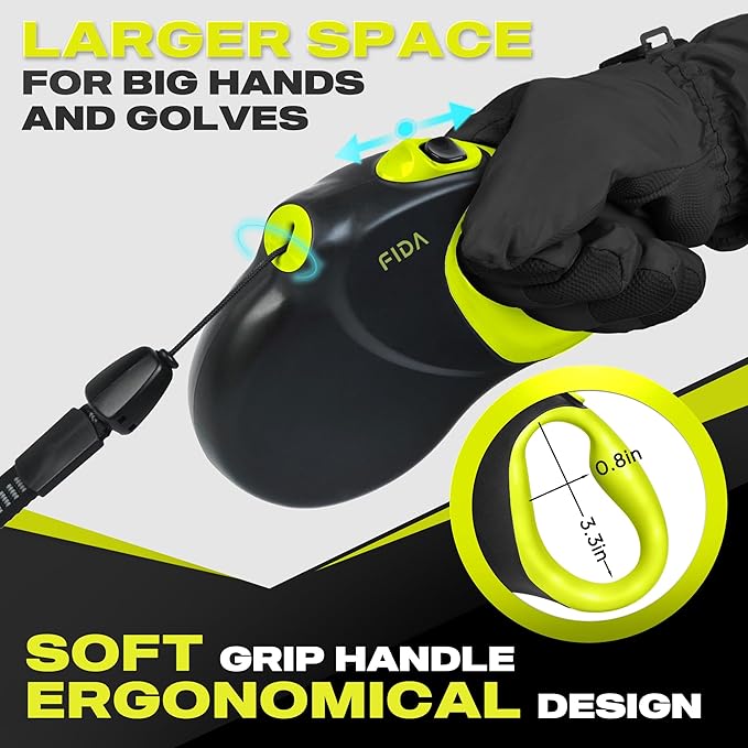 Fida 30ft Upgraded Retractable Dog Leash, Heavy Duty Pet Walking Leash for Medium/Large Breed up to 110 lbs, 360° Tangle-Free Long Retract Dog Lead, Soft Grip, One-Hand Brake, Neon Yellow