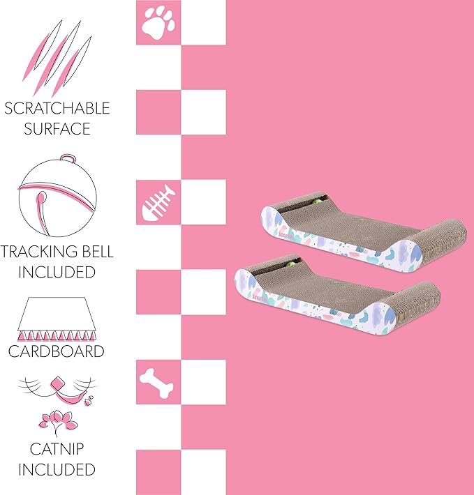 The LICKER Store CSR1003A-SET2 Rini 23.75" Modern Cardboard Lounge Bed Cat Scratcher with Built-in Bell Toys and Catnip, White/Multi (Set of 2)
