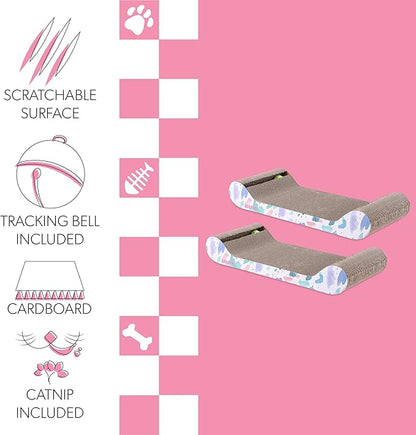 The LICKER Store CSR1003A-SET2 Rini 23.75" Modern Cardboard Lounge Bed Cat Scratcher with Built-in Bell Toys and Catnip, White/Multi (Set of 2)