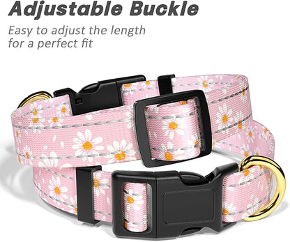 Reflective Dog Collar for Medium Dogs, Cute Daisy Theme Adjustable Heavy-Duty Nylon Puppy Collar for Boy and Girl Female, Soft Pet Accessories with Quick Release Buckle, Neck 14-20", Pink