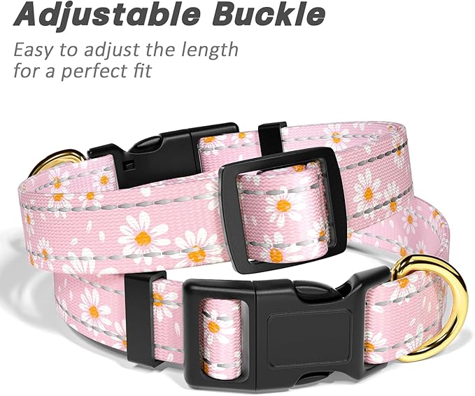 Reflective Dog Collar for Small Dogs, Cute Daisy Theme Adjustable Heavy-Duty Nylon Puppy Collar for Boy and Girl Female, Soft Pet Accessories with Quick Release Buckle, Neck 10-16", Pink