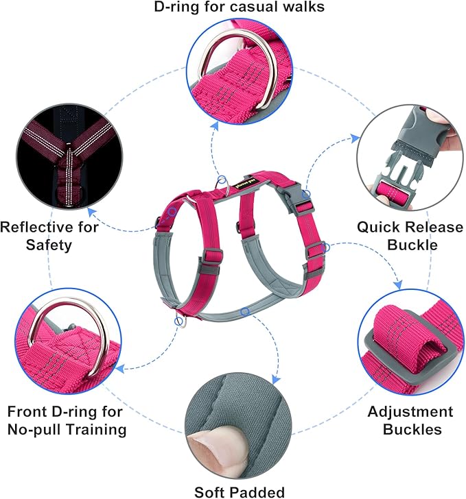 Plutus Pet No Pull Dog Harness, Adjustable Nylon Harness with Soft Padding, Reflective and Heavy Duty Dog Harness for Small, Medium, Large Dogs(Hot Pink, XL)