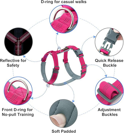 Plutus Pet No Pull Dog Harness, Adjustable Nylon Harness with Soft Padding, Reflective and Heavy Duty Dog Harness for Small, Medium, Large Dogs(Hot Pink, XL)