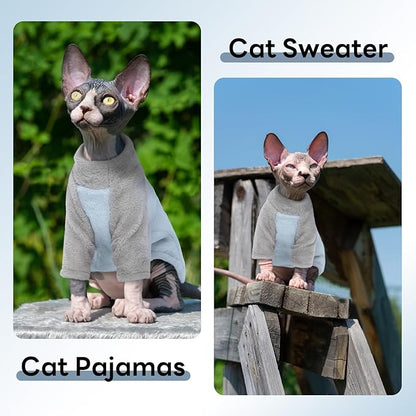 T'CHAQUE Sphynx Cat Clothes, Soft Fleece Winter Sweaters for Hairless Cats, Warm Pajama Jumpsuit with Sleeves and Hoodie, Cozy Pullover Outfit for Kittens