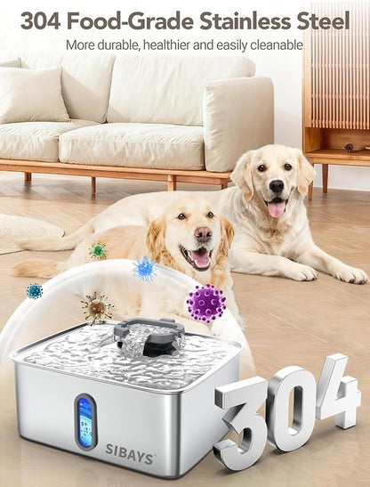 SIBAYS 4Gal/15L Dog Water Fountain for Large Dogs, Stainless Steel Large Pet Water Fountain, Ultra Quiet Automatic Dog Water Bowl Dispenser with Water Level Window and LED Light(FS78, Silver-Grey)