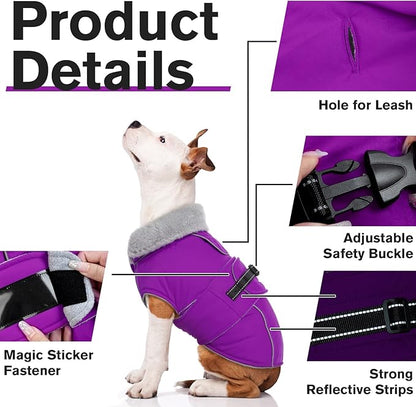 Lelepet Warm Dog Winter Coats for Large Dogs Waterproof Dog Jacket Reflective Pet Fleece Vest Windproof Cold Weather Coats with Adjustable Buckle & Leash Hole, Purple, L