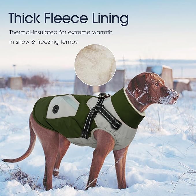 IECOii Dog Coat for Large Dogs Waterproof Dog Winter Jacket with Harness Built in, Green - XXLarge, Thermal Warm Fleece Lined, Reflective Dogs Jackets for Cold Weather Camping, Hiking, Pitbull