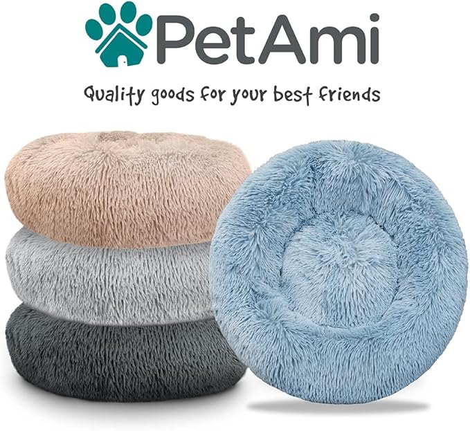 PetAmi Calming Dog Bed for Small & Medium Dogs and Cats, 23” Round Donut Dog Bed, Washable Fluffy Faux Fur Puppy & Cat Bed, Anti-Anxiety Plush Cuddler Pet Bed with Anti-Slip Bottom - Taupe