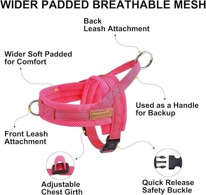BEAUTYZOO No Pull Dog Harness Medium Sized Dog, Breathable Mesh Padded Dog Harness and Leash Set, Adjustable Reflective Escape Proof Dog Vest Harnessss Quick Fit for Training Walking, Hot Pink M