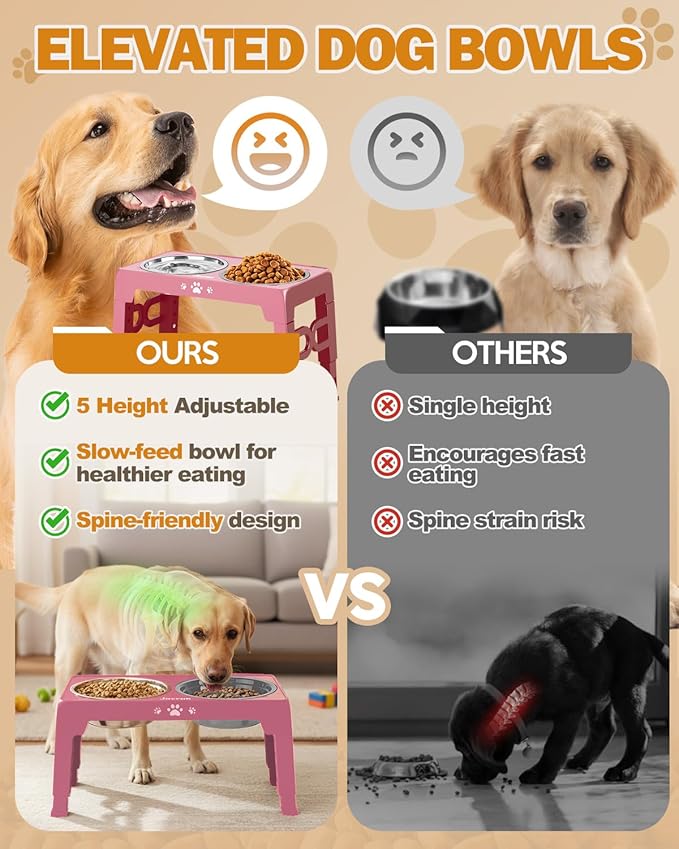 Elevated Dog Bowls, Dog Feeder with 1*Stainless Steel Dishes & 1*Slow Feeder Bowl, 5 Heights Adjustable Raised Stand for Medium Large, Food Dishes with Non-Slip Feet